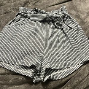 Blue & White Striped High Waisted Paperbag Shorts